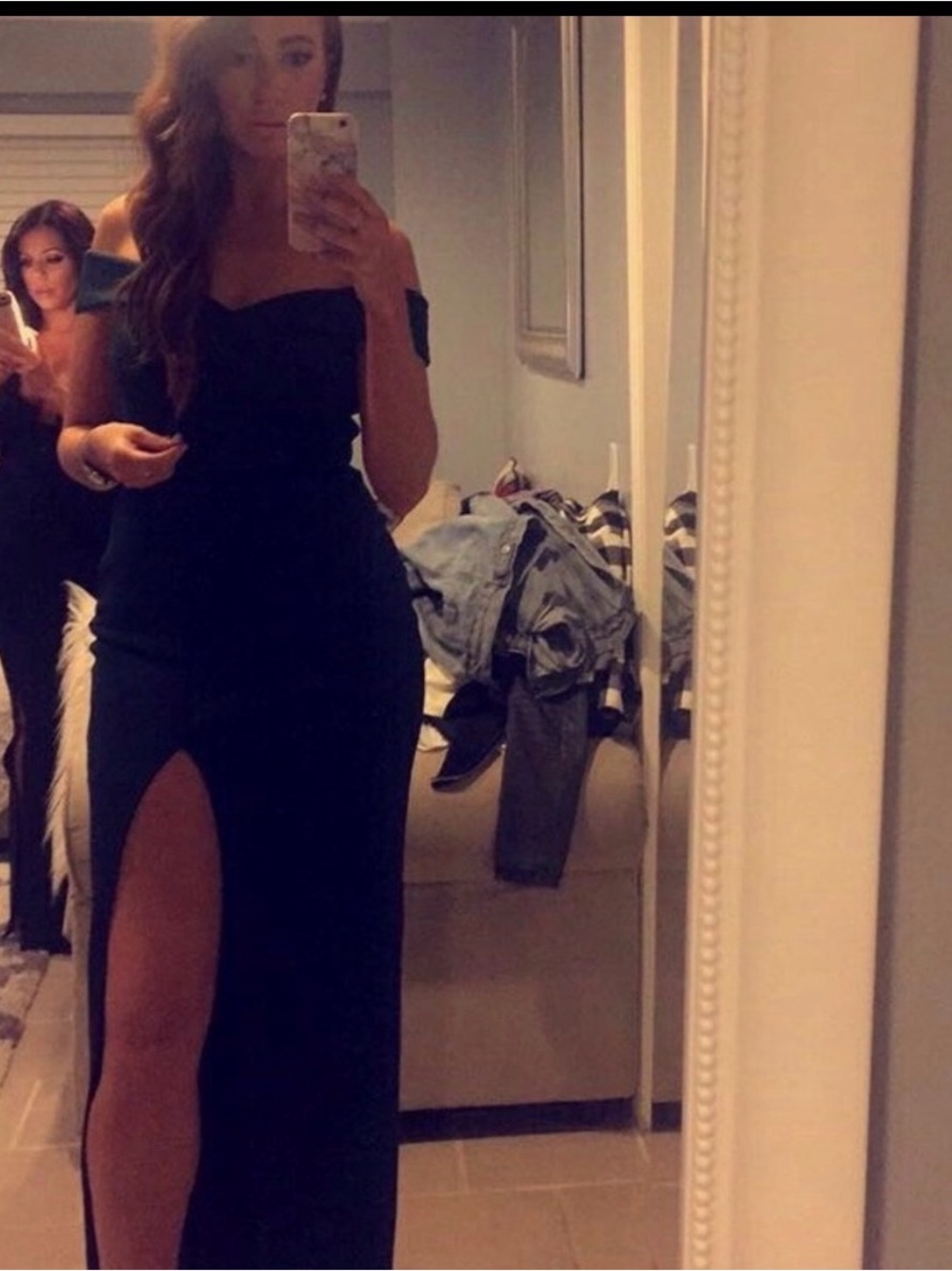 ASOS Black Off-Shoulder Maxi Dress with High Leg Slit - Picture 2 of 5